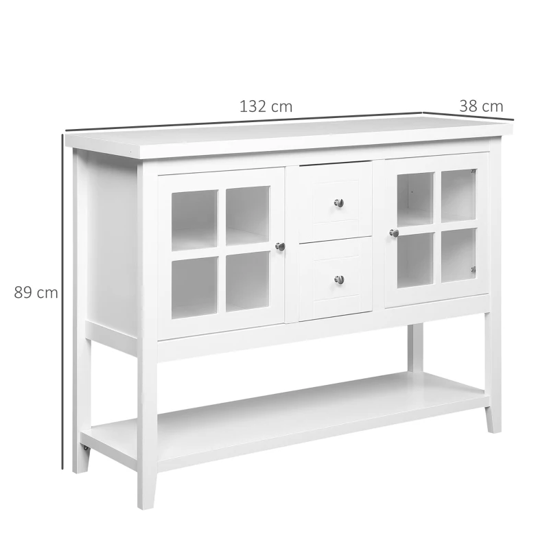HOMCOM keukenkast dressoir opbergkast elegant met twee glazen deuren open rek twee schuifladen anti-kantel-design voor eetkamer woonkamer MDF grenen hout wit 132 x 38 x 89 cm
