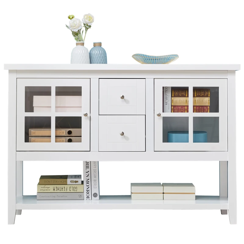 Kredens szafka kuchenna z szafkami ze szklanymi drzwiczkami półka szuflady elegancka biały