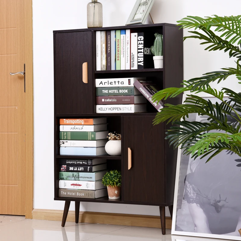 HOMCOM commode dressoir schuifladekast kast op poten dressoir schoenenkast keukenkast keukenmeubel met 2 deuren 5 vakken notenhout 80 x 23,5 x 123 cm