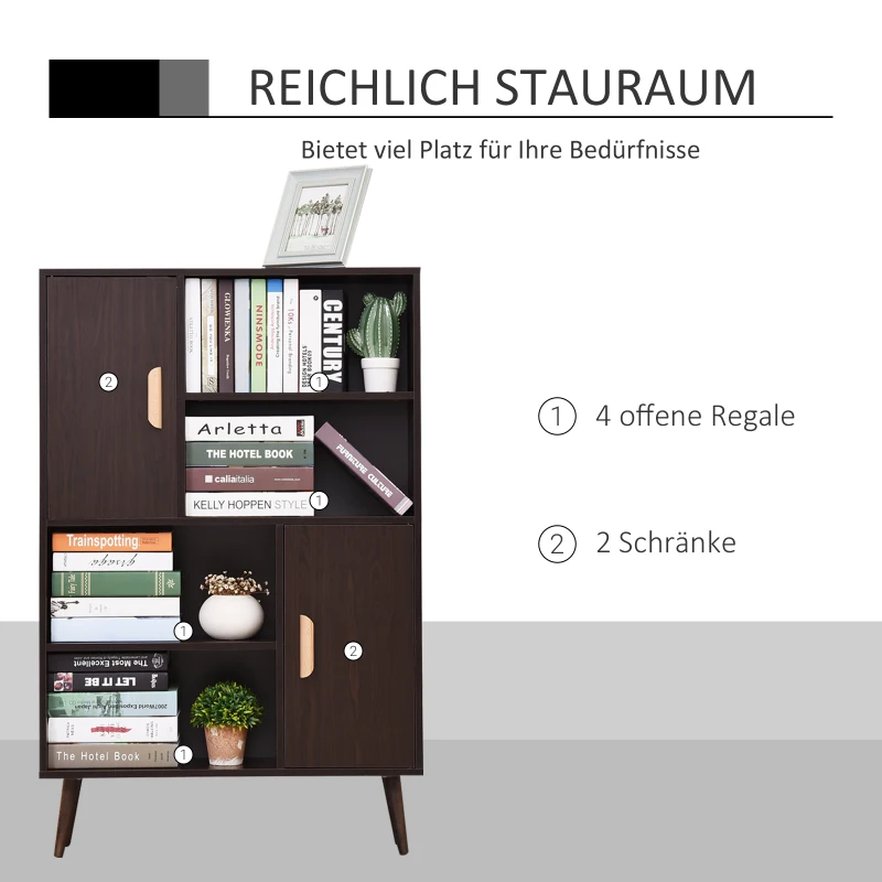 HOMCOM commode dressoir schuifladekast kast op poten dressoir schoenenkast keukenkast keukenmeubel met 2 deuren 5 vakken notenhout 80 x 23,5 x 123 cm