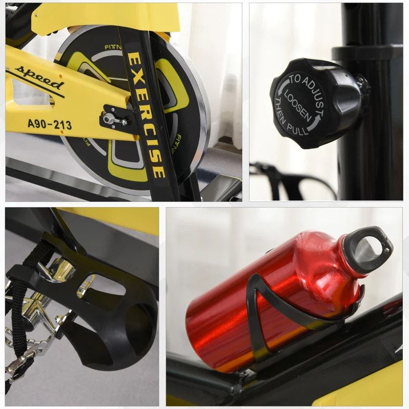 HOMCOM fietstrainer in hoogte verstelbare hometrainer fitness fiets rollertrainer met riemaandrijving LCD display staal ABS geel + zwart 50 x 100 x 101-113 cm