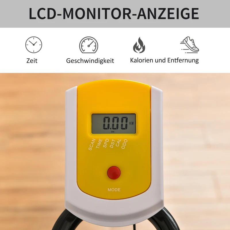 HOMCOM fietstrainer in hoogte verstelbare hometrainer fitness fiets rollertrainer met riemaandrijving LCD display staal ABS geel + zwart 50 x 100 x 101-113 cm
