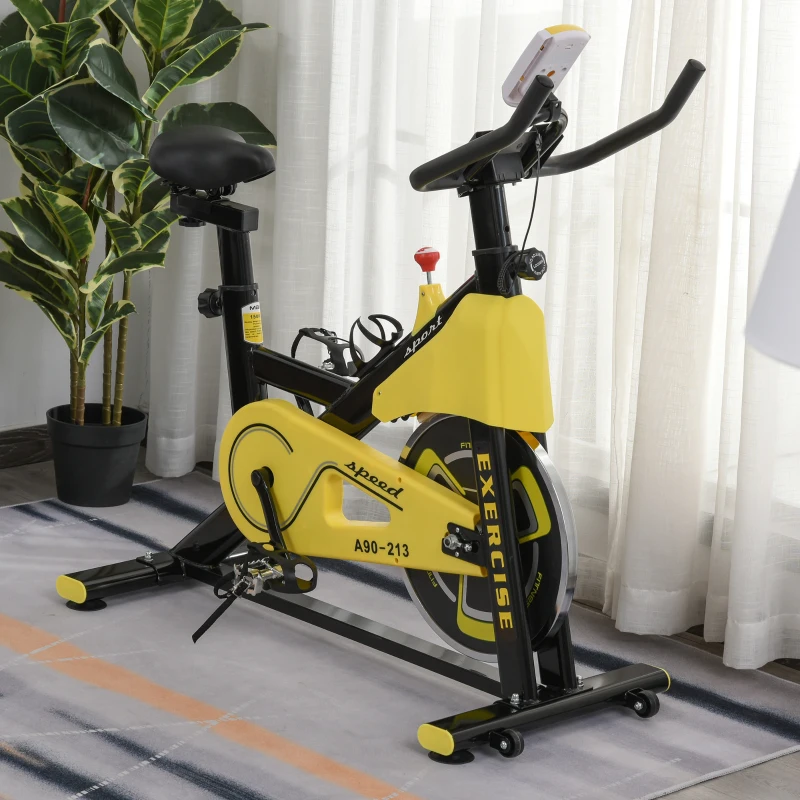 HOMCOM fietstrainer in hoogte verstelbare hometrainer fitness fiets rollertrainer met riemaandrijving LCD display staal ABS geel + zwart 50 x 100 x 101-113 cm