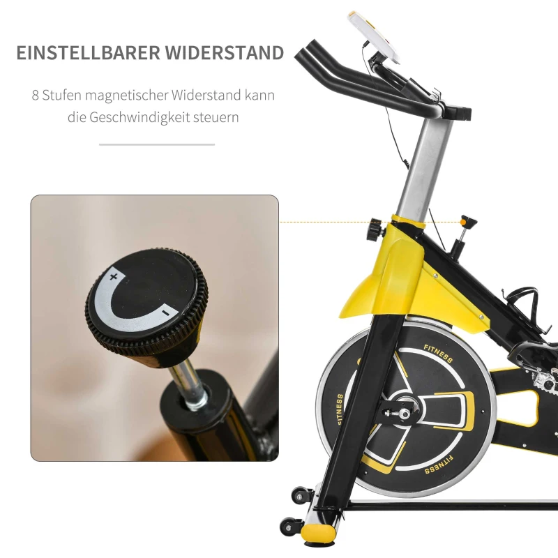 HOMCOM fietstrainer in hoogte verstelbare hometrainer fitness fiets rollertrainer met riemaandrijving LCD display staal ABS geel + zwart 50 x 100 x 101-113 cm