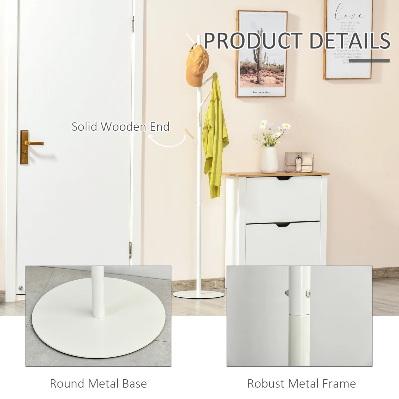 HOMCOM 174cm Free Standing Coat Rack Hat Stand Display Garment Holder Hall Tree White