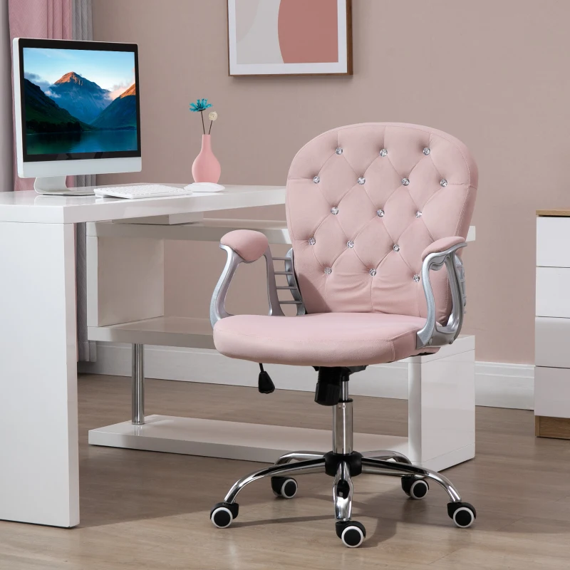 Vinsetto Office Chair Luxury Velour Diamante Tufted Padded Ergonomic 360° Swivel Pink