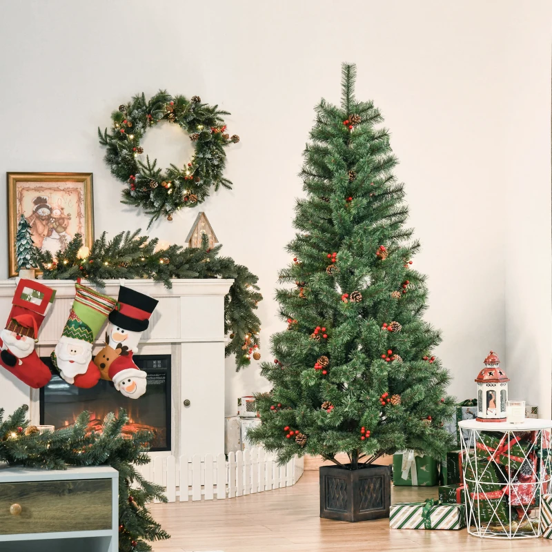 HOMCOM kunstkerstboom 1,8 m kerstboom met pot en decoratie PVC metaal groen 90 x 90 x 180 cm
