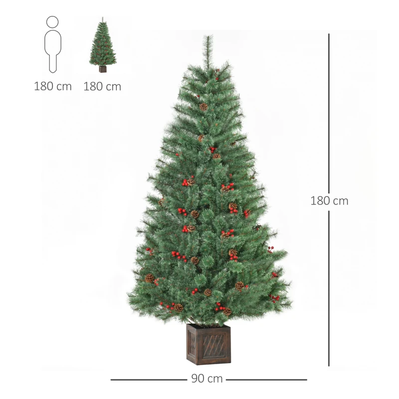 HOMCOM kunstkerstboom 1,8 m kerstboom met pot en decoratie PVC metaal groen 90 x 90 x 180 cm