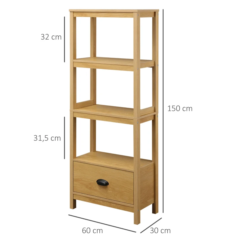 HOMCOM strandplank boekenplank 3-laags met lade kantoorplank opbergplank ordnerplank keukenplank MDF eiken 60 x 30 x 150 cm
