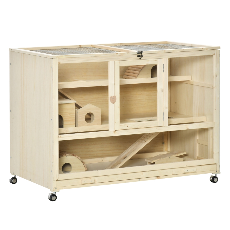 PawHut hamsterkooi knaagdierkooi 3 niveaus muizenkooi met 3 openingen 4 wielen drie verdiepingen vurenhout organisch glas naturel 110 x 60 x 80 cm