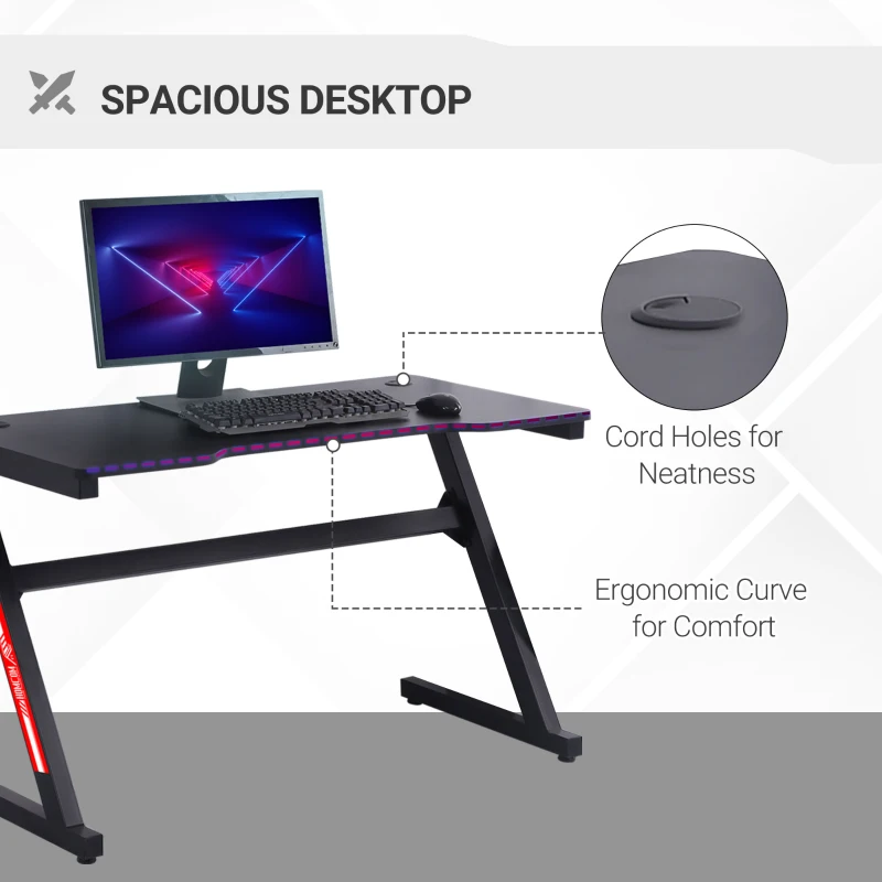 HOMCOM Small Gaming Desk, 1.2m Z-Shaped Racing Style Home Office Computer Table with 2 Cable Managements Black