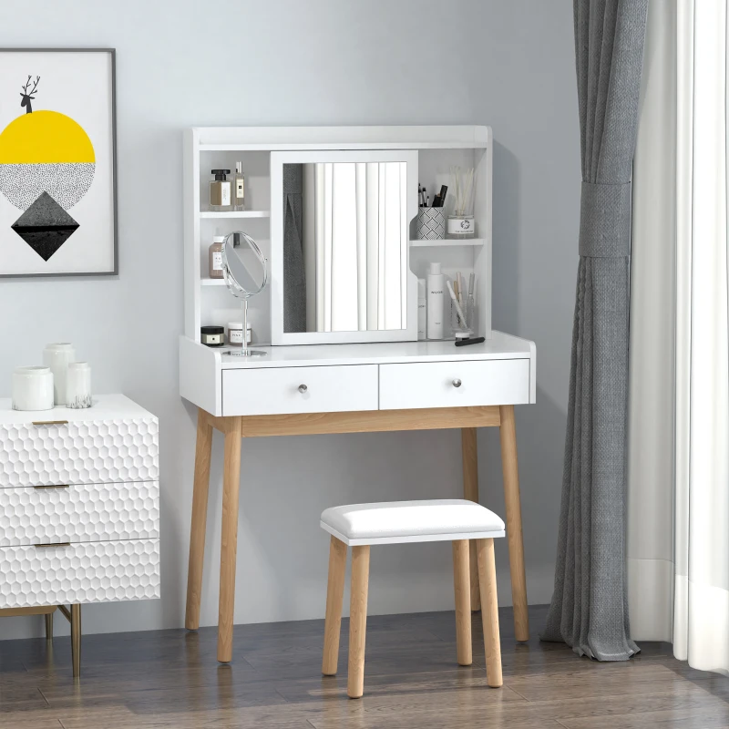 Toaletka stolik na kosmetyki z taboretem drzwiami z lustrem 2 szuflady kolor biały