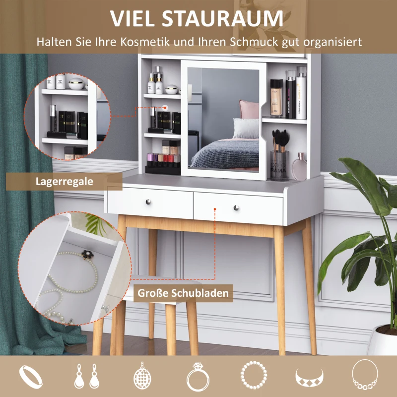 Toaletka stolik na kosmetyki z taboretem drzwiami z lustrem 2 szuflady kolor biały