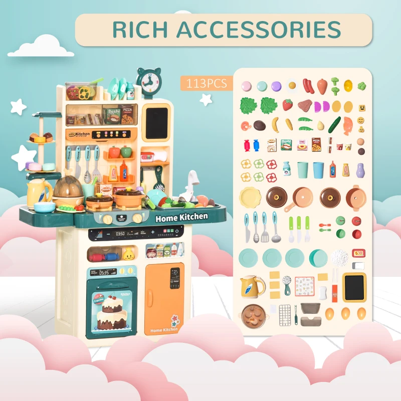 HOMCOM Childrens Toy Kitchen, with Water Circulation Spray Music Light Beige Green