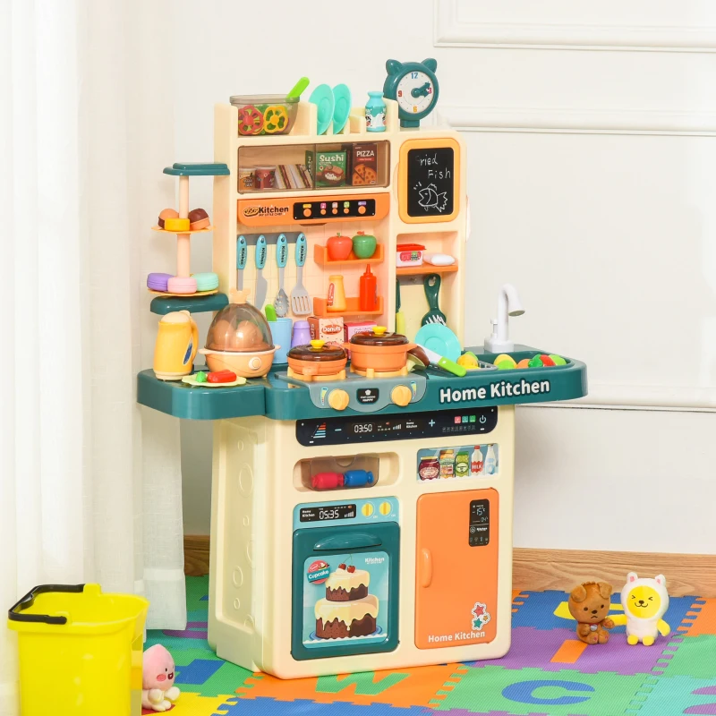 HOMCOM Childrens Toy Kitchen, with Water Circulation Spray Music Light Beige Green