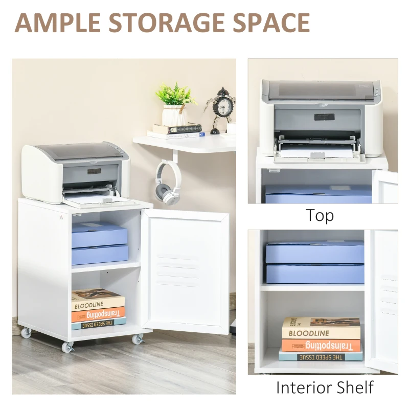 HOMCOM Rolling Storage Cabinet File Cabinet With Adjustable Shelf, Metal Door White