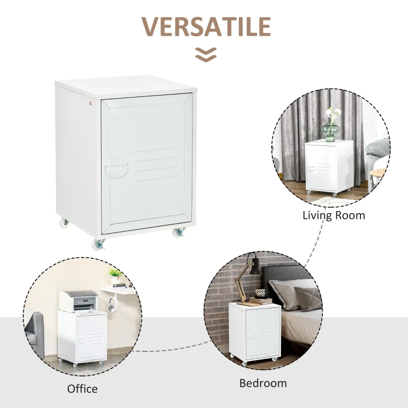 HOMCOM Rolling Storage Cabinet File Cabinet With Adjustable Shelf, Metal Door White