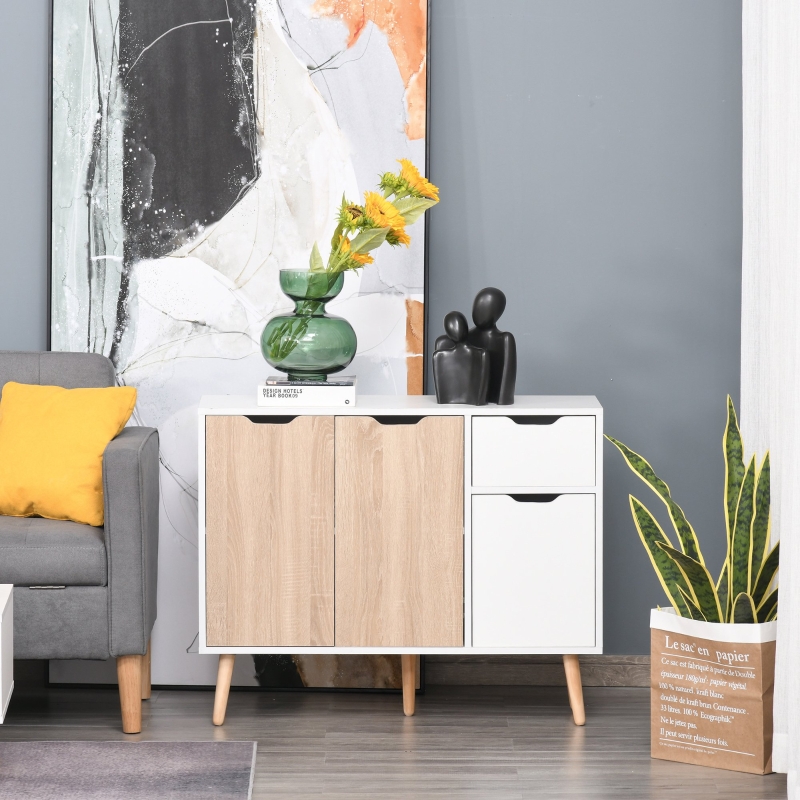 HOMCOM Aparador Auxiliar Mueble de Almacenaje de Salón con 2 Armarios con Puertas y Cajón de Madera para Sala de Estar Cocina Dormitorio 90x30x72 cm Blanco y Natural