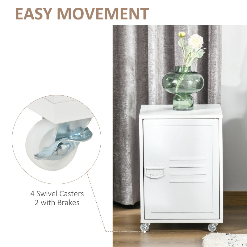 HOMCOM Rolling Storage Cabinet File Cabinet With Adjustable Shelf, Metal Door White