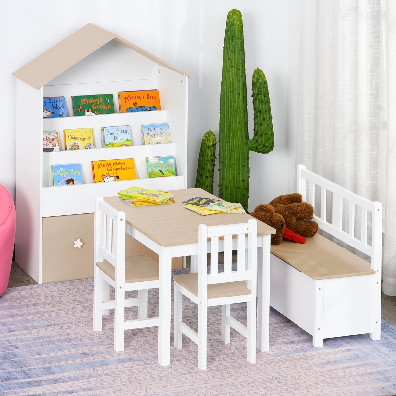 HOMCOM Conjunto Infantil de Mesa Banco y 2 Sillas de Madera con Espacio de Almacenamiento Muebles Infantiles para Sala de Juegos Habitación de Niños Blanco y Natural