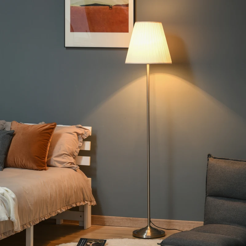 HOMCOM Modern Floor Lamp with Pleated Fabric Lampshade Floor Switch, Home Style Standing Light with Steel Frame for Living Room, Bedroom, Office, 164cm, White, Silver