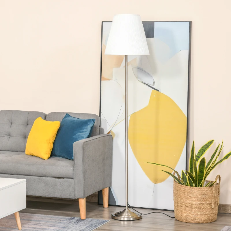 HOMCOM Modern Floor Lamp with Pleated Fabric Lampshade Floor Switch, Home Style Standing Light with Steel Frame for Living Room, Bedroom, Office, 164cm, White, Silver