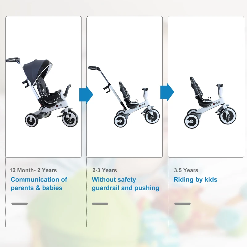 HOMCOM Baby Tricycle Children's 4 In 1 Trikes Kids Stroller W/ Canopy 3 Wheels