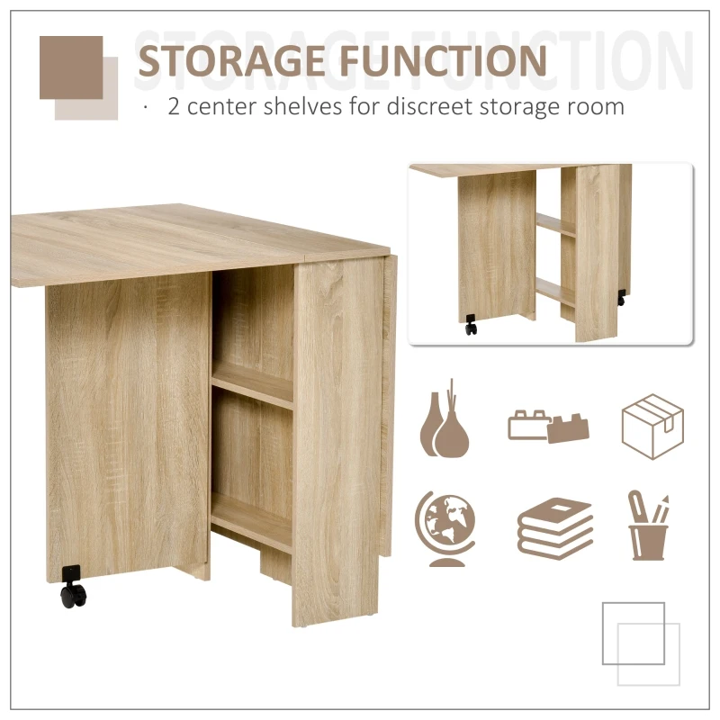 HOMCOM Dining Table Drop Leaf Folding Expandable 6 Person w/ Wheels, Storage Shelf