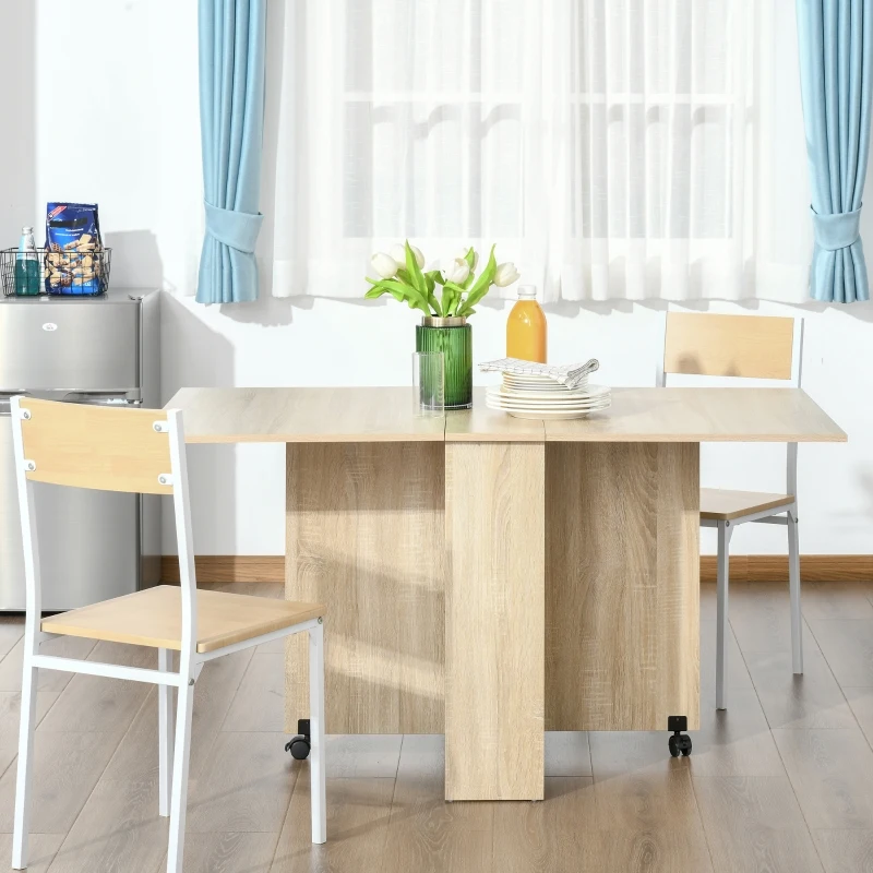 HOMCOM Dining Table Drop Leaf Folding Expandable 6 Person w/ Wheels, Storage Shelf