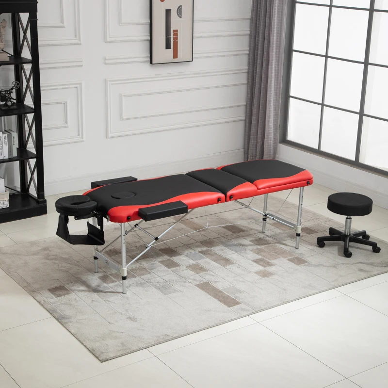 HOMCOM Foldable Portable Massage Table, Professional Spa Bed with Headrest, Adjustable Height, Aluminium Frame, Black and Red