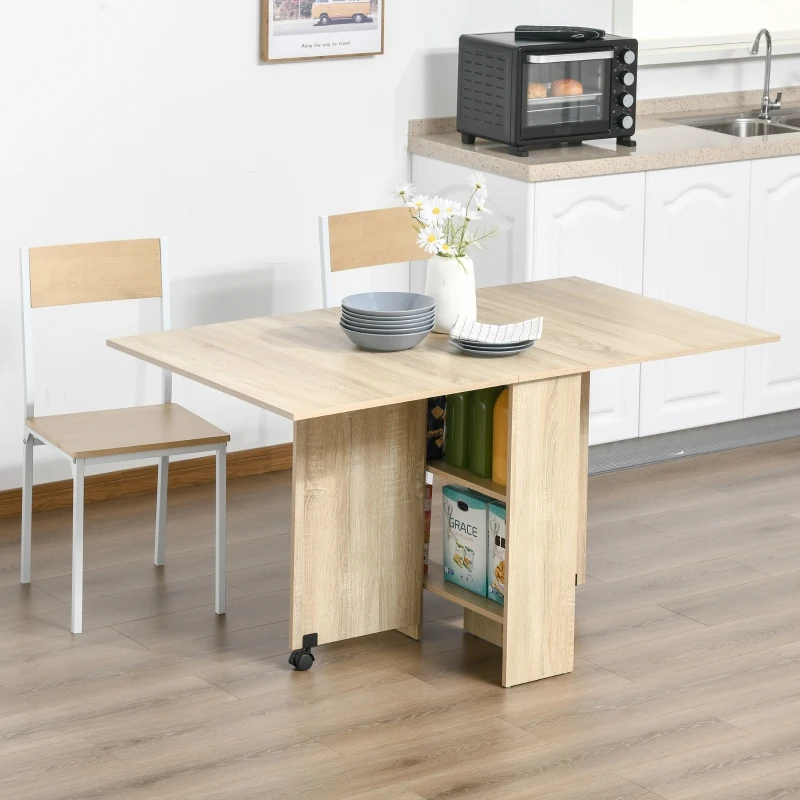 HOMCOM Dining Table Drop Leaf Folding Expandable 6 Person w/ Wheels, Storage Shelf