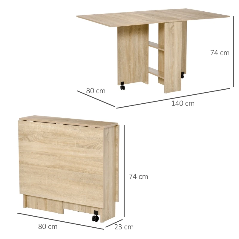 HOMCOM Dining Table Drop Leaf Folding Expandable 6 Person w/ Wheels, Storage Shelf