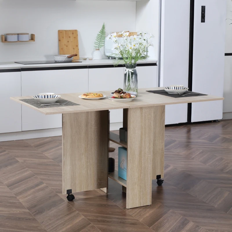 HOMCOM Dining Table Drop Leaf Folding Expandable 6 Person w/ Wheels, Storage Shelf