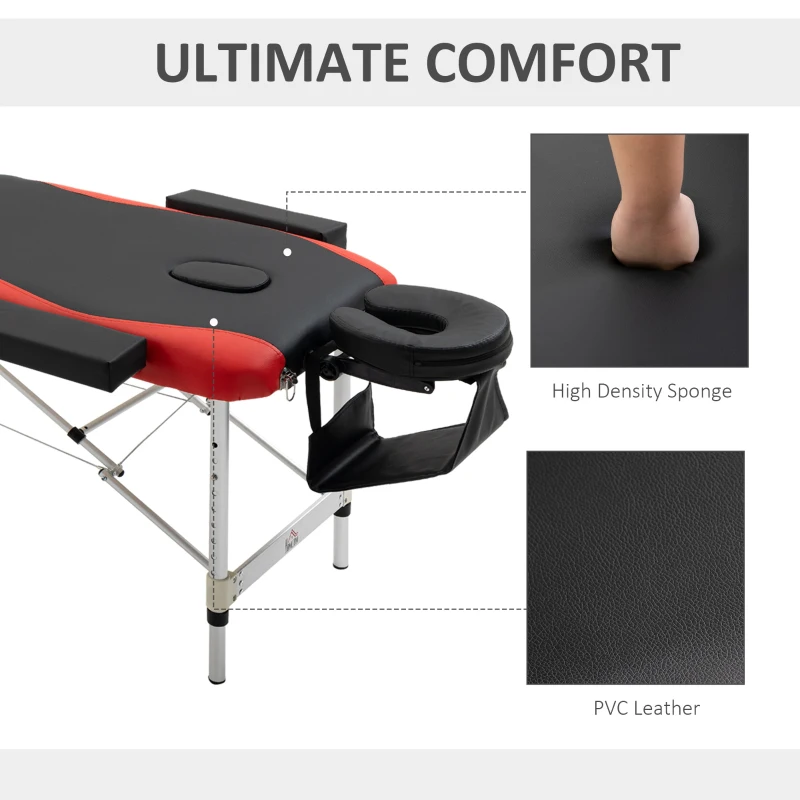 HOMCOM Foldable Portable Massage Table, Professional Spa Bed with Headrest, Adjustable Height, Aluminium Frame, Black and Red