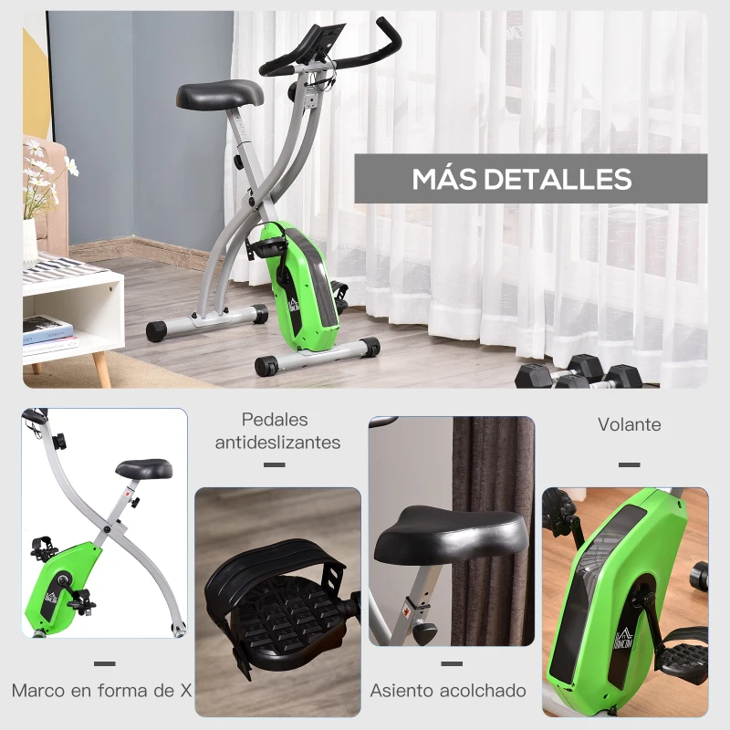 HOMCOM Bicicleta Estática Plegable con 8 Niveles de Resistencia Magnética Ajustable Bicicleta de Ejercicio Fitness con Pantalla LCD Pulsómetro y Sillín Regulable Carga 110 kg 86x47x112 cm Verde