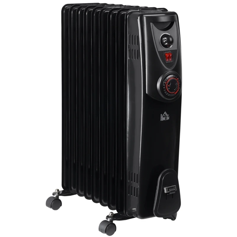 HOMCOM olieradiator draagbare elektrische radiator 2000 W 3 verwarmingsniveaus 24-uurs timing elektrische verwarming 9 verwarmingsplaten met 4 rollen handvat oververhittingsbeveiliging zwart metaal 46,5 x 24,5 x 64 cm