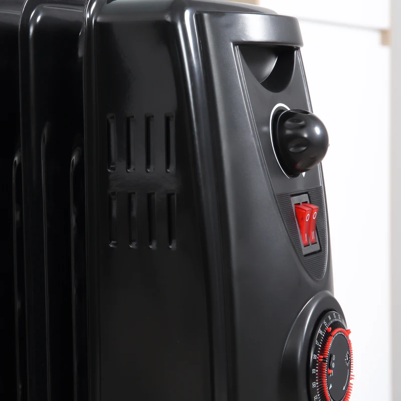 HOMCOM olieradiator draagbare elektrische radiator 2000 W 3 verwarmingsniveaus 24-uurs timing elektrische verwarming 9 verwarmingsplaten met 4 rollen handvat oververhittingsbeveiliging zwart metaal 46,5 x 24,5 x 64 cm