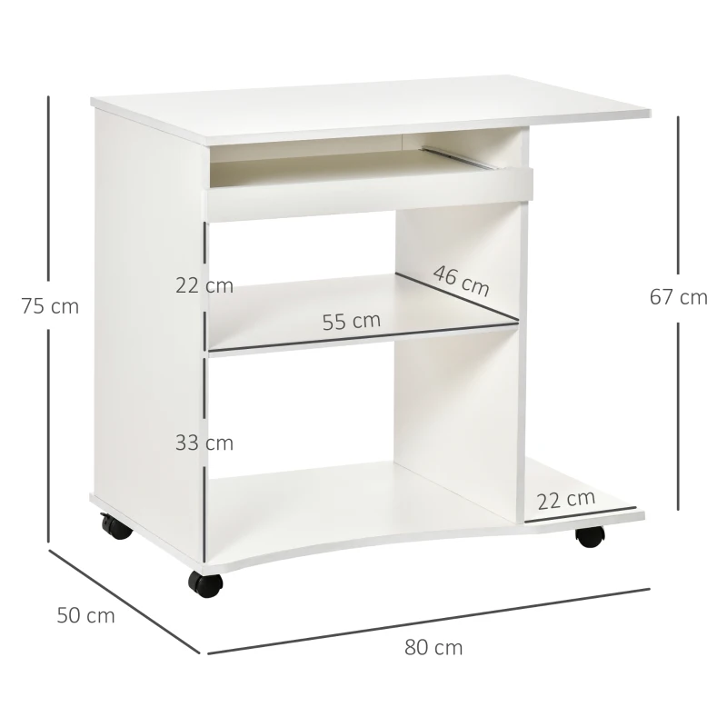HOMCOM computertafel met wielen plank mobiel bureau Kantoortafel PC-tafel moderne eenvoudige stijl spaanplaat wit 80 x 50 x 75 cm