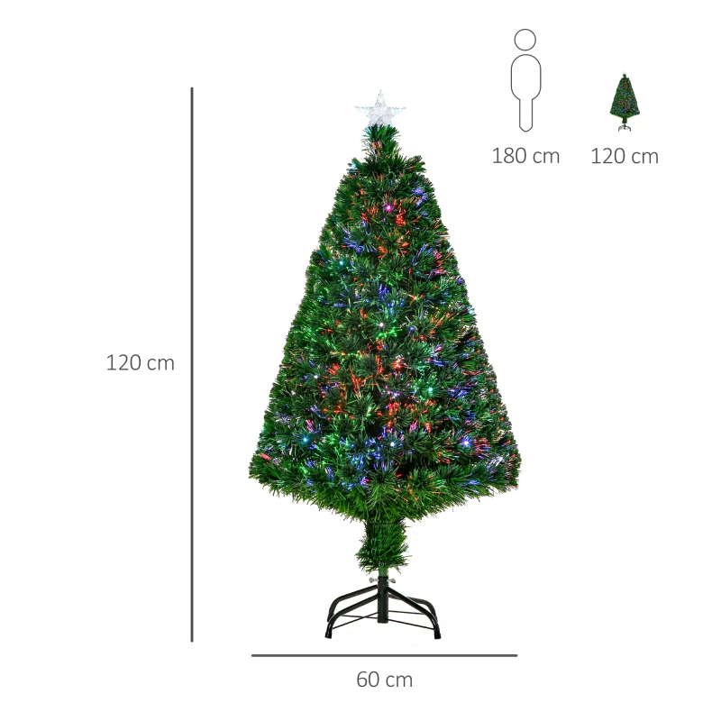 HOMCOM kerstboom 1,2 m kerstboom kunstspar 130 takken met LED verlichting anti-slip pads demontabel glasvezel kleurwisselaar PVC metaal groen 60 x 60 x 120 cm