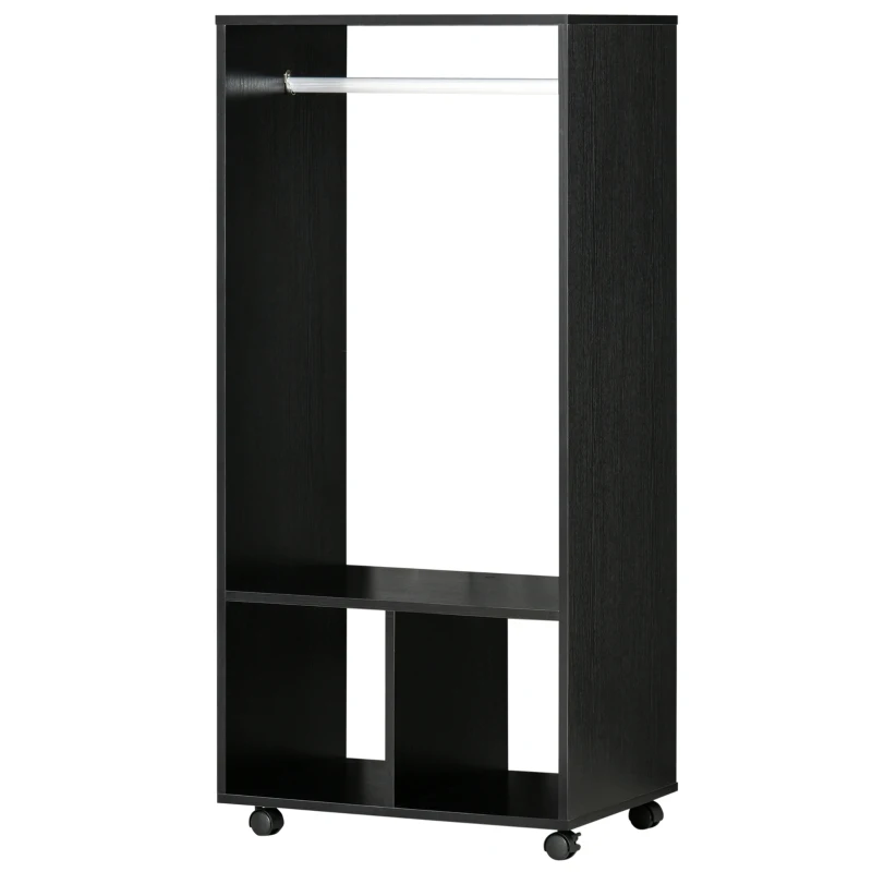 HOMCOM Rolling Open Wardrobe w/ Hanging Rod Storage Shelves Closet Organizer, Black