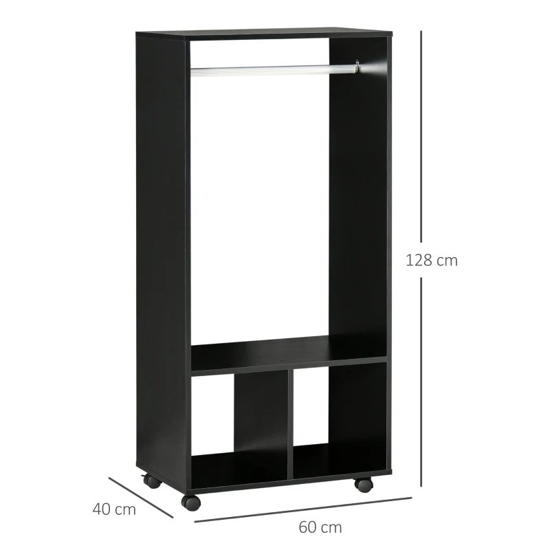 HOMCOM Rolling Open Wardrobe w/ Hanging Rod Storage Shelves Closet Organizer, Black