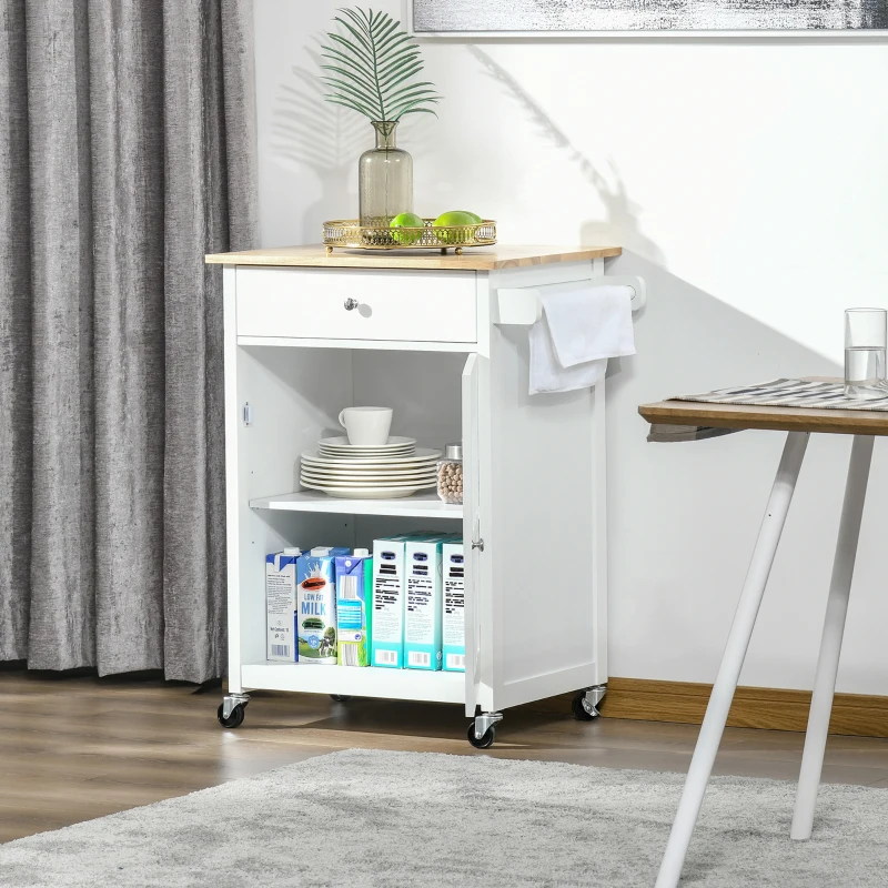 Wózek kuchenny szafka kuchenna na kółkach szuflada MDF drewno kauczukowe kolor biały + dąb