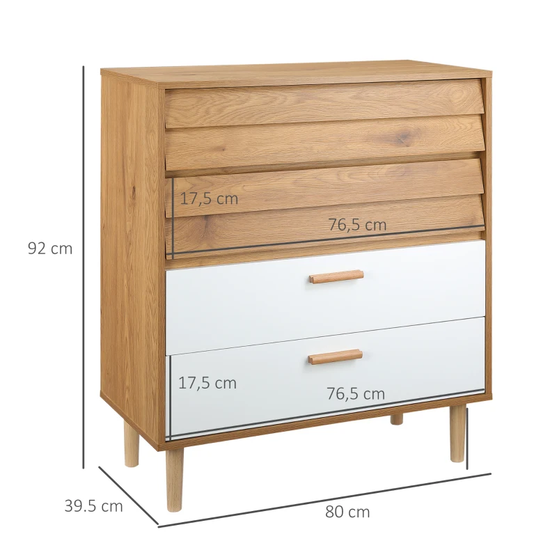 HOMCOM dressoir ladekast zijkast met anti-kantel lades MDF naturel hout + wit 80 x 39,5 x 92 cm