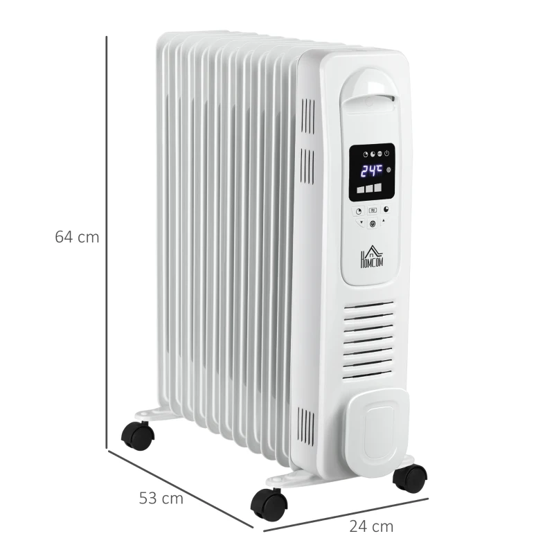 HOMCOM 2720W 11 Fin Digital Display Oil Filled Radiator, Portable Electric Heater with Remote, Timer, 3 Heat Settings, Auto Cut Off, White
