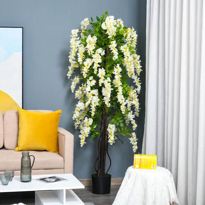 Outsunny kunstplant met witte blauweregen decoratie 1,65 m kunstboom boomdecoratie kunststof cement wit + groen 24 x 24 x 165 cm