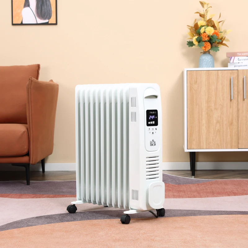 HOMCOM 2720W 11 Fin Digital Display Oil Filled Radiator, Portable Electric Heater with Remote, Timer, 3 Heat Settings, Auto Cut Off, White