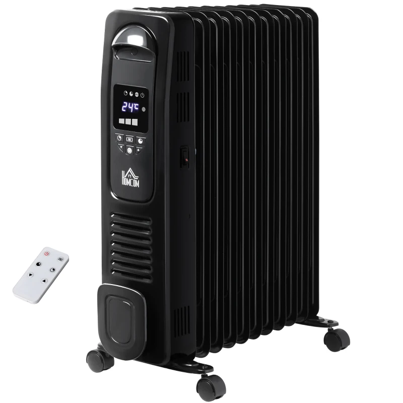 HOMCOM 2500W Digital Display Oil Filled Radiator, 11 Fin Portable Electric Heater with Timer, Adjustable Thermostat, Three Heat settings, Safety Cut Off, Remote, Black