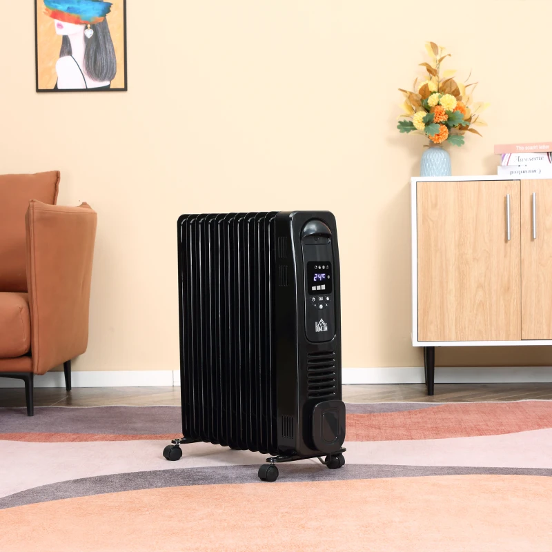 HOMCOM 2500W Digital Display Oil Filled Radiator, 11 Fin Portable Electric Heater with Timer, Adjustable Thermostat, Three Heat settings, Safety Cut Off, Remote, Black