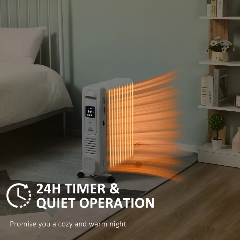 HOMCOM 2720W 11 Fin Digital Display Oil Filled Radiator, Portable Electric Heater with Remote, Timer, 3 Heat Settings, Auto Cut Off, White