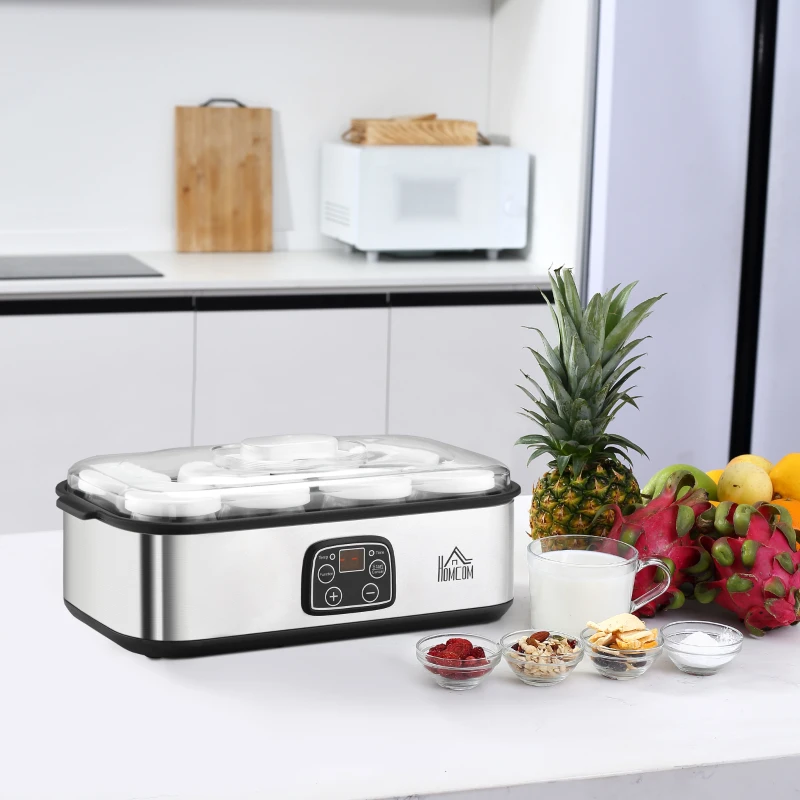 HOMCOM Yoghurt Maker w/ 7 Jars Yougurt Machine with Timer Adjustable Temperature Silver